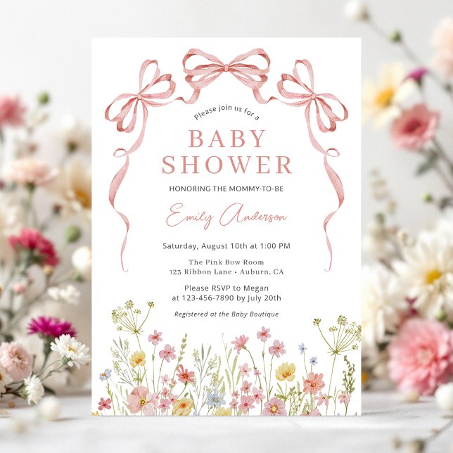 Invitation Baby shower Fleur sauvage Floral Blush Rose Bow Gi (Créateur téléchargé)
