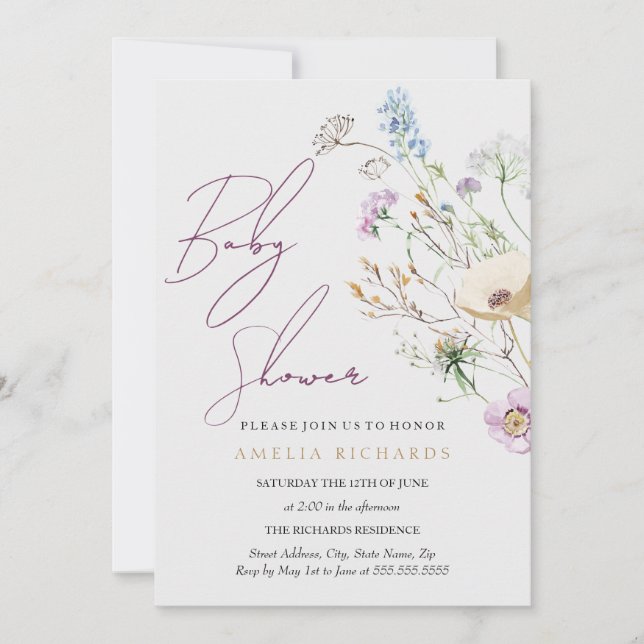 Invitation baby shower Fleur sauvage lunatique (Devant)