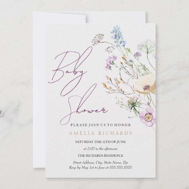 Invitation Baby shower Fleur sauvage lunatique (Devant)