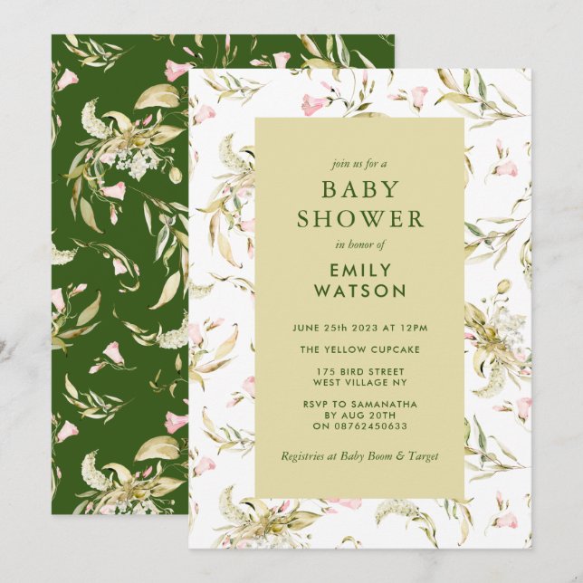 Invitation Baby shower Fleur sauvage Moss Green Spring (Devant / Derrière)