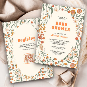 Invitation Baby Shower Fleur Sauvage Orange Crème Groovy