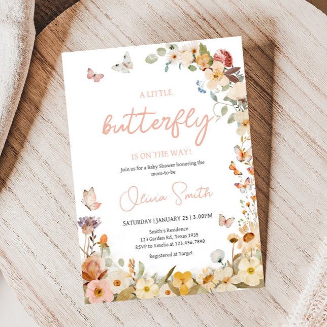 Invitation Baby shower fleur sauvage petit papillon (Little Butterfly Wildflower Baby Shower Invitation)
