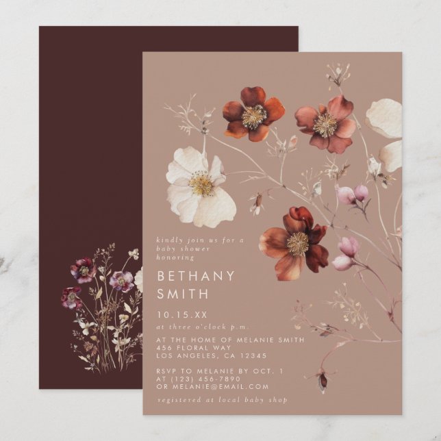 Invitation Baby shower Fleur sauvage romantique à l'automne (Devant / Derrière)