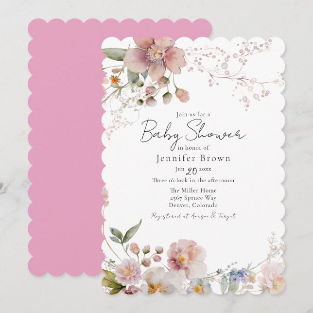 Invitation Baby shower Fleur sauvage rose (Devant / Derrière)