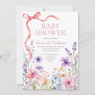 Invitation Baby Shower Fleur Sauvage Ruban Rose