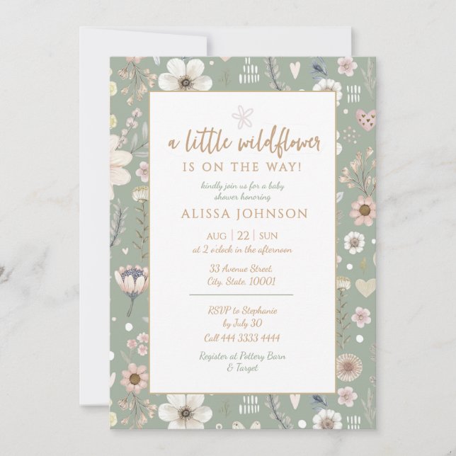 Invitation Baby shower Fleur sauvage Sage Boho (Devant)