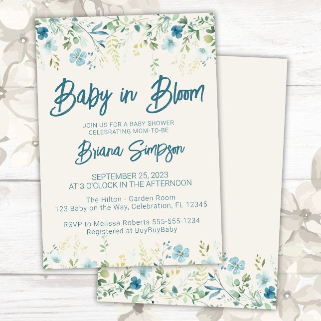 Invitation Baby shower Fleur sauvage turquoise bleu beige (Créateur téléchargé)