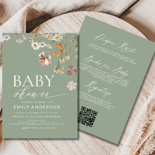 Invitation Baby shower Fleur sauvage vert QR Code Sage