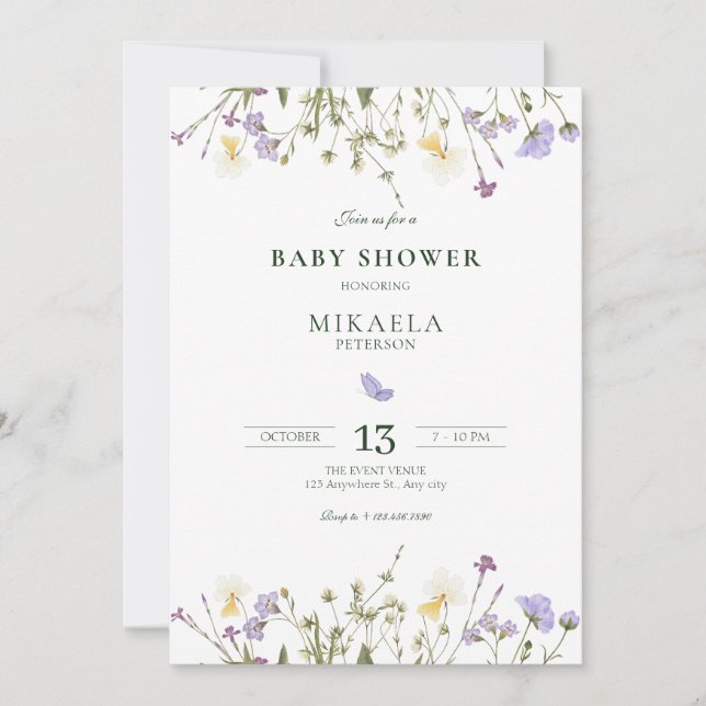 Invitation Baby shower Fleur sauvage violet rustique (Devant)