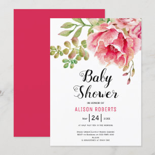 Invitation Baby shower fleuri à l'aquarelle rose chaud