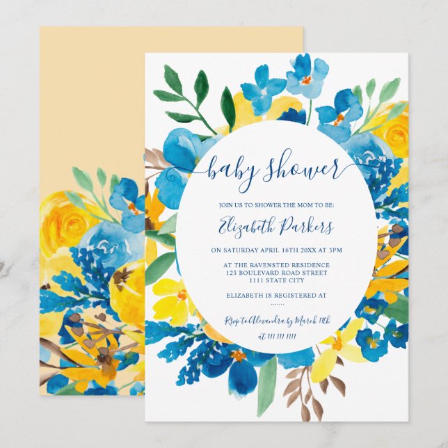 Invitation Baby shower fleuri bleu rustique (Devant / Derrière)