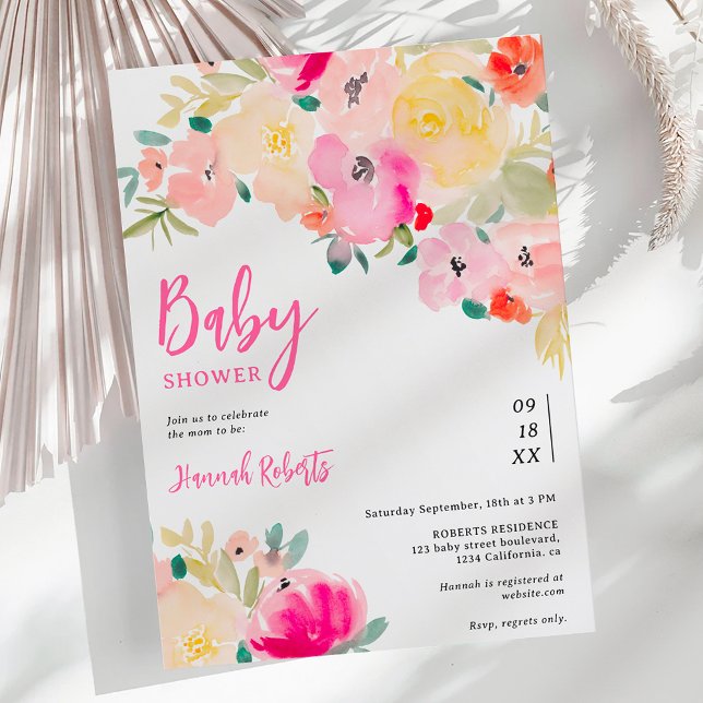 Invitation Baby shower fleuri chic boho rose printemps (Spring pink boho chic garden floral baby shower invitation)