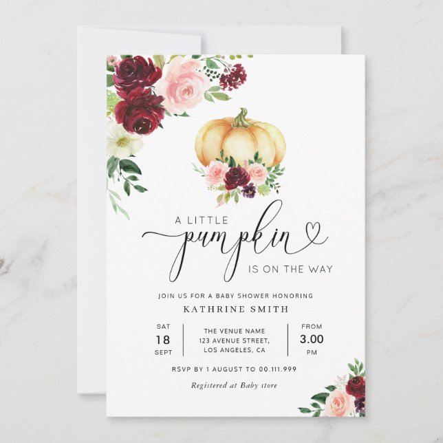 Invitation baby shower fleuri citrouille petit (Devant)