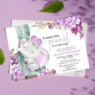 Invitation Baby shower fleuri de fille d'éléphant violet