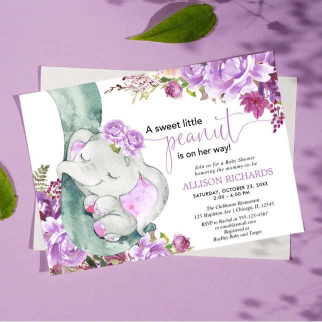 Invitation Baby shower fleuri de fille d'éléphant violet (Créateur téléchargé)