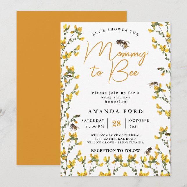 Invitation Baby shower fleuri jaune fleur sauvage de maman à  (Devant / Derrière)