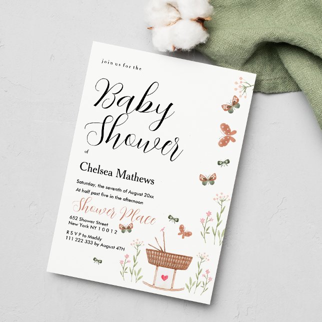 Invitation Baby shower fleuri rose brun (Pink brown green butterfly floral Baby Shower)