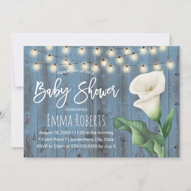 Invitation Baby shower fleuri rustique bleu grange bois Lily (Devant)