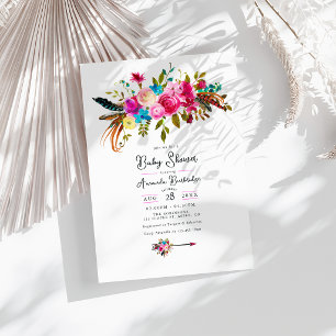 Invitation Baby-Shower Fleurie Bohème Rose Chaud