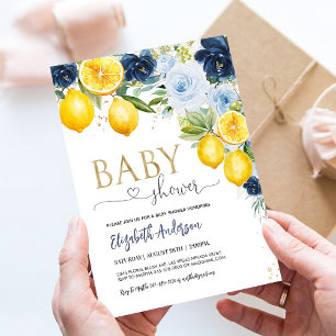 Invitation Baby Shower Fleurie Citronnée Bleu Mari