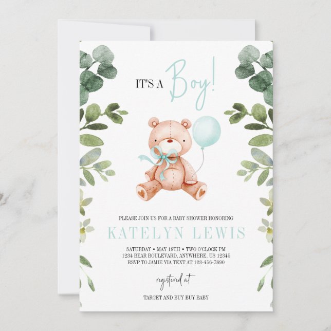 Invitation Baby Shower Fleurie Ourson Garçon (Devant)
