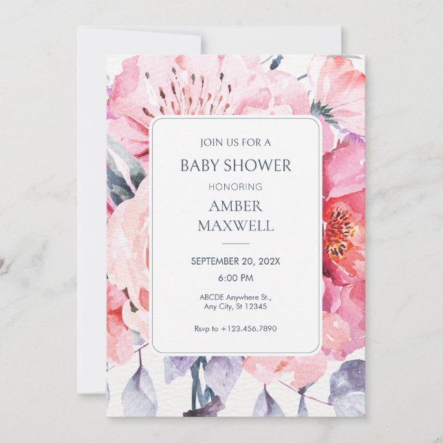 Invitation Baby shower fleuriste rose aquarelle (Devant)