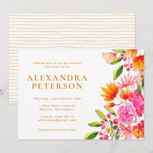 Invitation Baby Shower Fleurs Aquarelles Rose et Orange