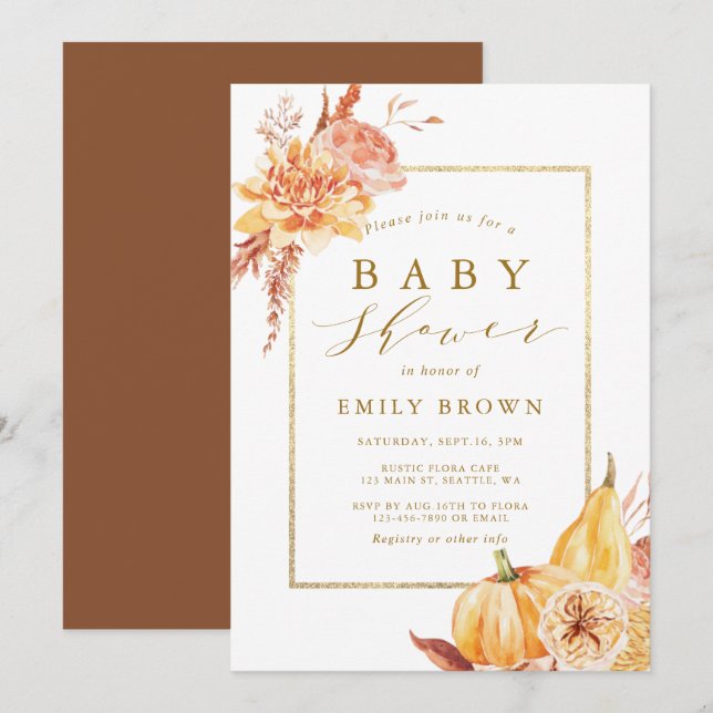 Invitation Baby Shower Fleurs Aquarelles Rustiques Or Automne (Devant / Derrière)