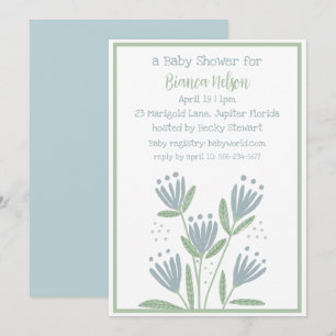 Invitation Baby Shower Fleurs Bleues et Vertes Simples