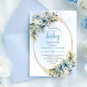 Invitation Baby Shower Fleurs Bleues Pâles Eucalyptus Or Scri