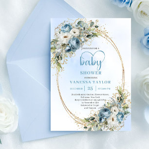 Invitation Baby Shower Fleurs Bleues Poussiéreuses Bohème Euc