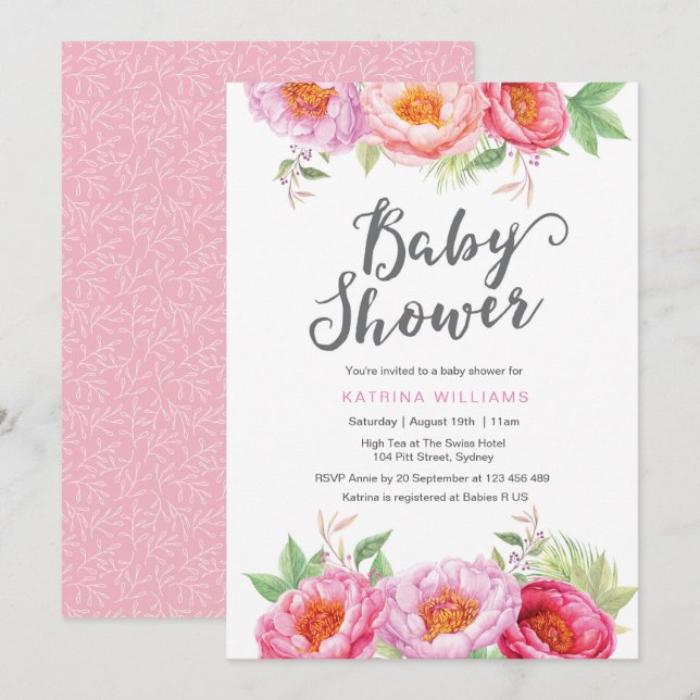 invitation baby shower | Fleurs d'aquarelle (Devant / Derrière)