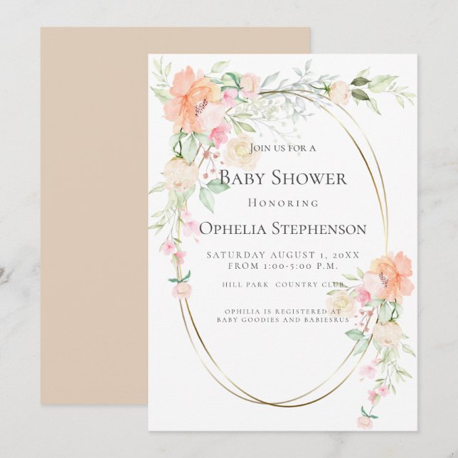 Invitation Baby shower | Fleurs d'aquarelle corail (Devant / Derrière)