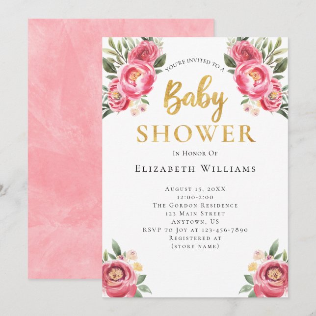 Invitation Baby shower Fleurs d'aquarelle Fille Pink Peonies (Devant / Derrière)