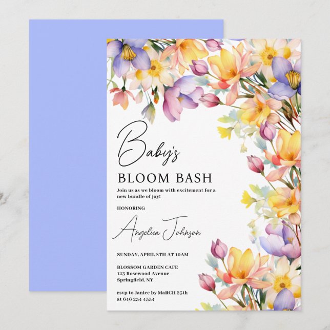 Invitation Baby Shower Fleurs de Pervenche Jaune Aquarelle (Devant / Derrière)