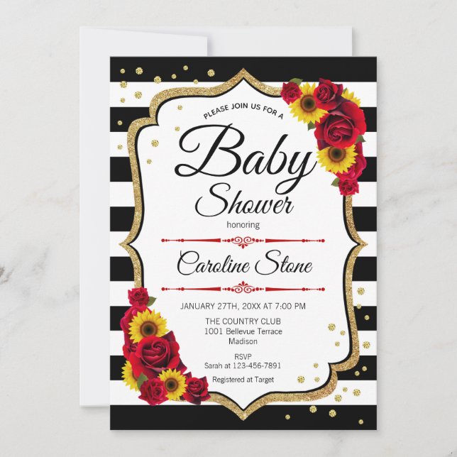 Invitation Baby shower - Fleurs de soleil Roses rouges Gold I (Devant)