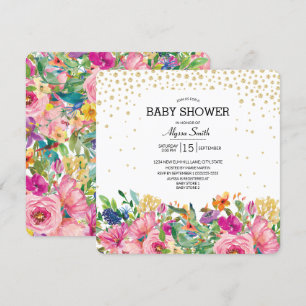 Invitation Baby Shower Fleurs Rose Jaune Paillettes Dorées