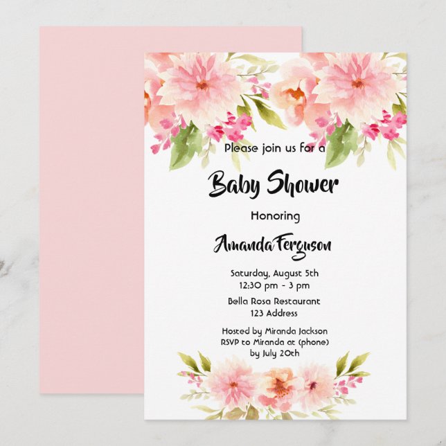 Invitation Baby shower fleurs roses fille blanche (Devant / Derrière)