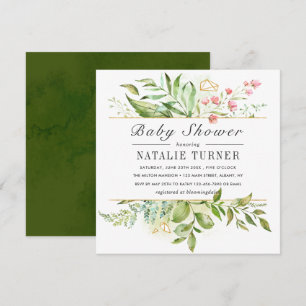 Invitation Baby Shower Fleurs Sauvages Feuillage Vert Aquarel
