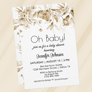 Invitation Baby Shower Fleurs Vintage Sépia Genre Neutre