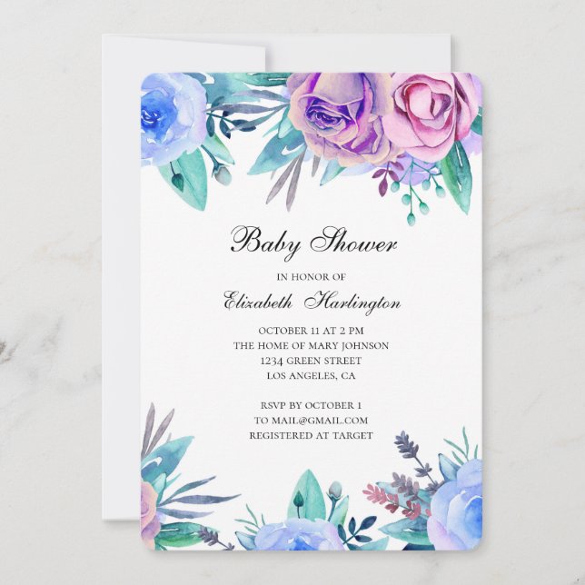 invitation baby shower. Fleurs violettes et bleues (Devant)