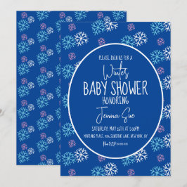 Invitation Baby Shower Flocons de Neige Hiver Rose Bleu