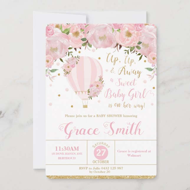 Invitation Baby shower floral à air chaud Baby Girl (Devant)