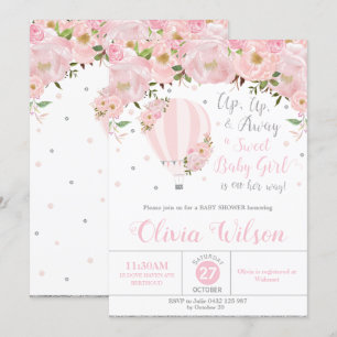 Invitation Baby shower floral à air chaud Girl Silver