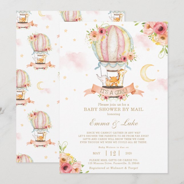 Invitation Baby shower floral à air chaud par Mail Animaux (Devant / Derrière)