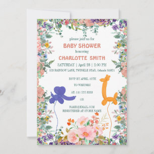 Invitation Baby shower floral à bulle de girafe d'éléphant mi