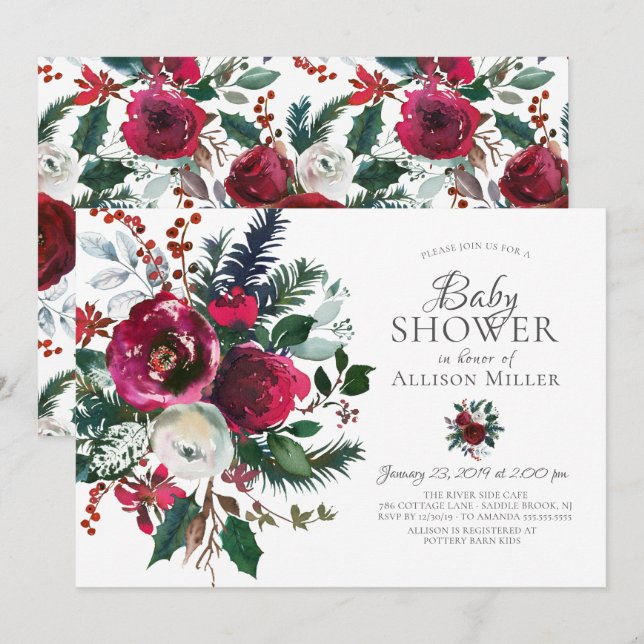 Invitation Baby shower floral à fleurs d'hiver (Devant / Derrière)