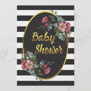 Invitation Baby shower floral à huile d'or noir blanc rayures