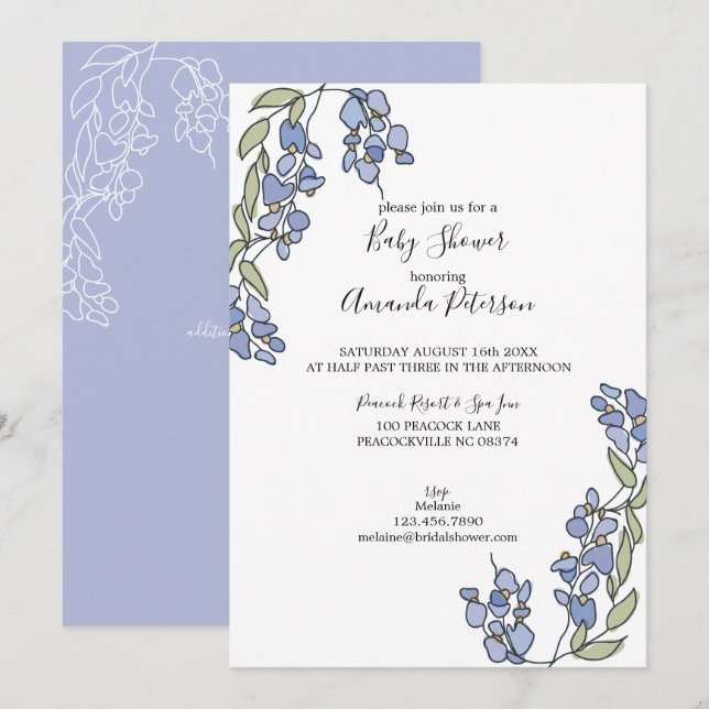 Invitation Baby shower floral à la Wisteria dessinée à la mai (Devant / Derrière)