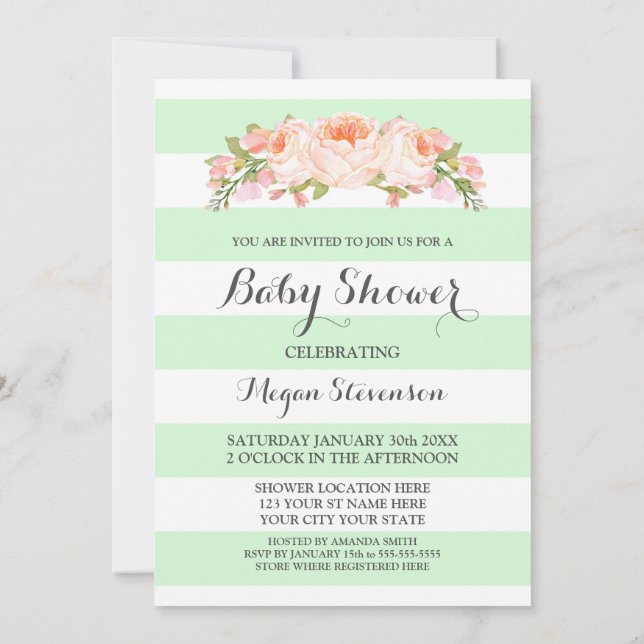 Invitation Baby shower Floral à l'aquarelle de la menthe (Dos)